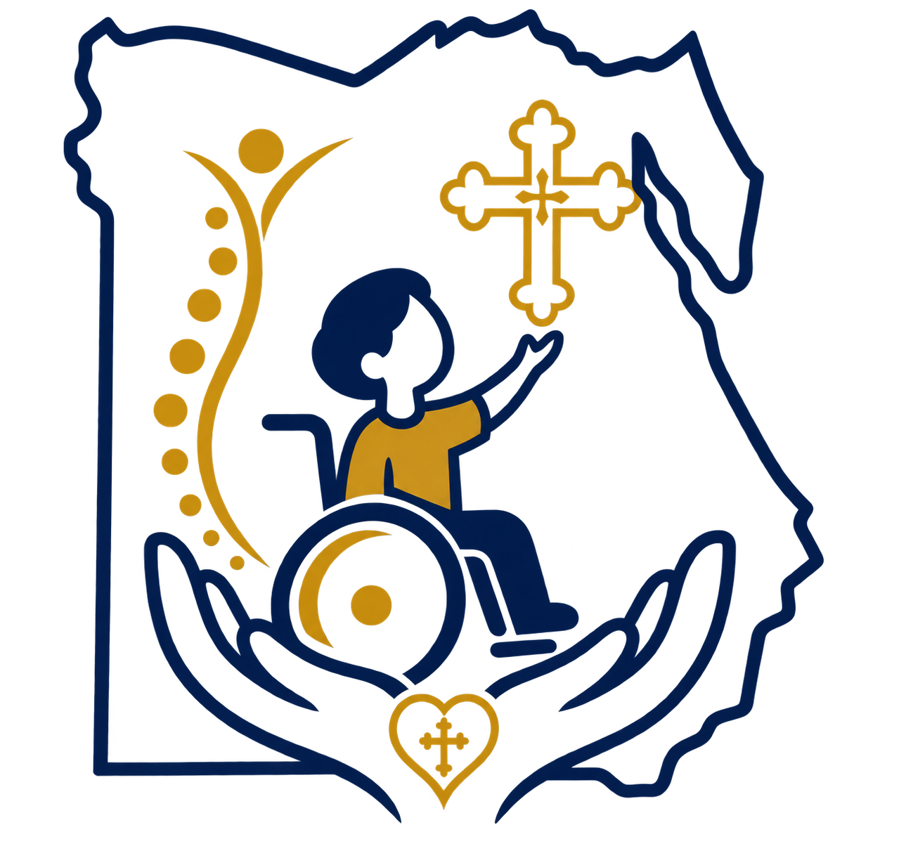 Illustration of Egypt with a child in a wheelchair held by caring hands, beneath a Coptic cross